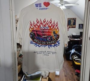 Jerzees White Tee with Hot Rod and Flames Design